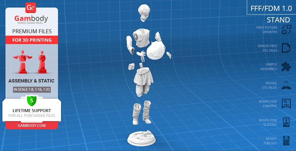3D model parts for printing a young character in a futuristic outfit with a stand, shown disassembled.