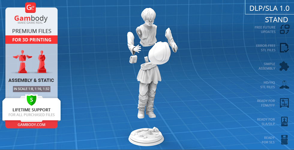 3D model of young Anakin Skywalker holding a helmet, with detailed clothing and a display base.