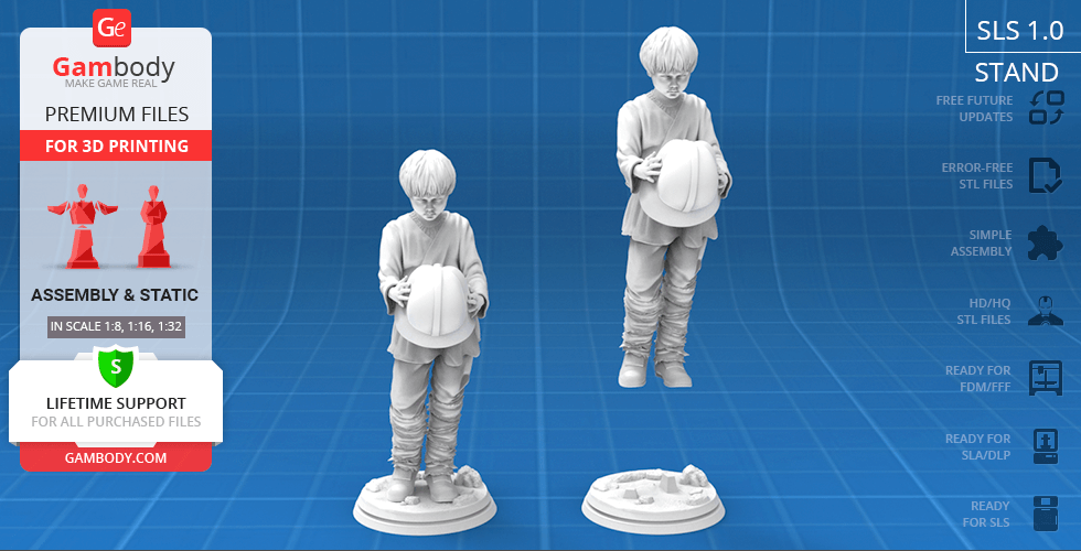 A 3D model of a young boy in a tunic holding a spherical object, shown in assembly and static poses.