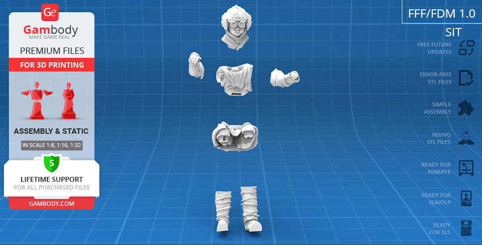 3D printable model parts of a young character in a spaced layout, ready for assembly.