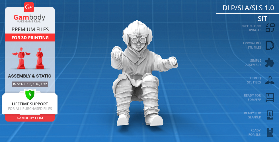 3D model of a young character in goggles, crouching with extended arms, suitable for printing.
