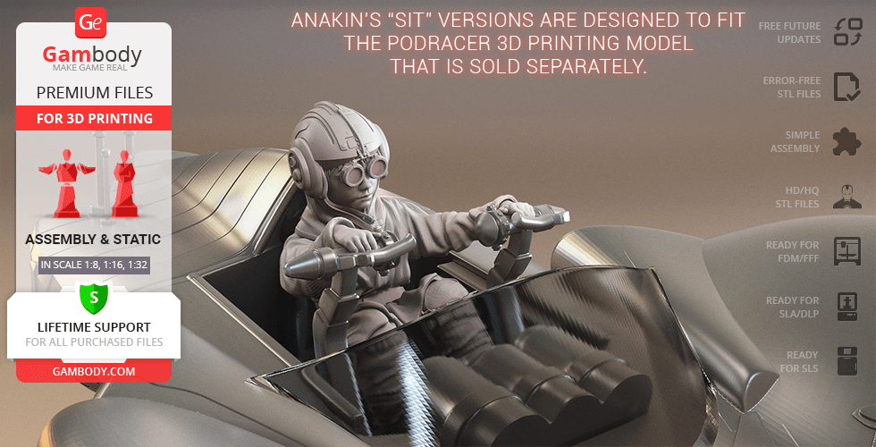 Young Anakin Skywalker 3D model piloting a podracer, designed for 3D printing by Gambody.