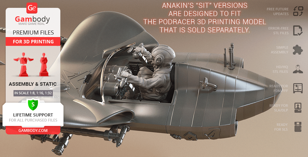 A 3D model of young Anakin Skywalker piloting a podracer, designed for 3D printing.