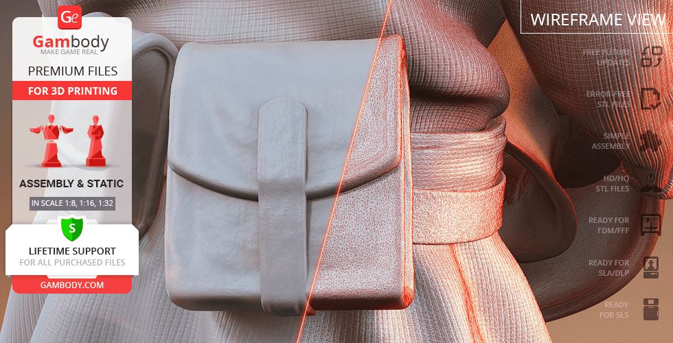 A detailed 3D model of a textured pouch or bag for printing, shown in wireframe view.