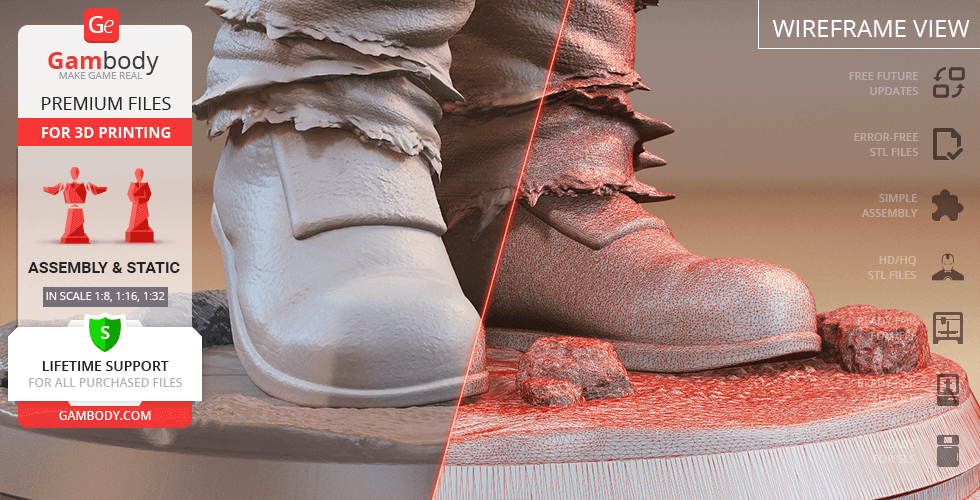 Close-up of a detailed 3D printable model of worn boots on a textured surface with rocks.