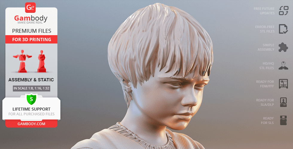 3D model of a young boy with short hair, looking downward, designed for 3D printing.