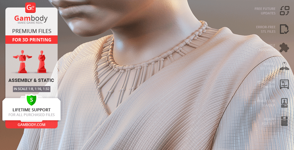 3D model of a young character in a detailed woven robe for printing; focus on fabric texture and neckline.
