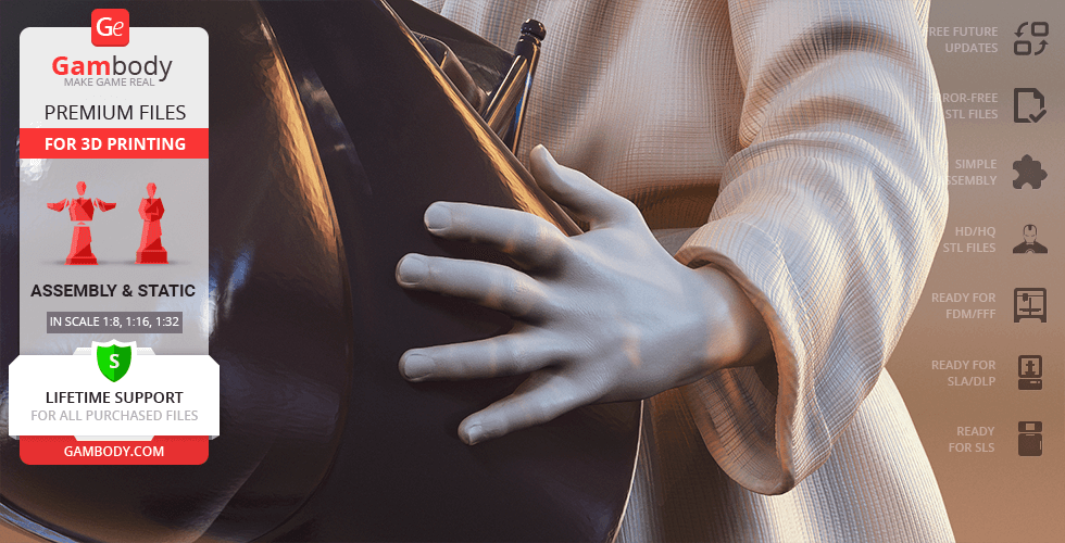 A detailed 3D model of a young figure's arm holding a helmet, for 3D printing via Gambody.