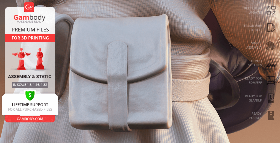 Close-up of detailed fabric texture and pouch on a 3D-printed model, promoting Gambody's STL files.
