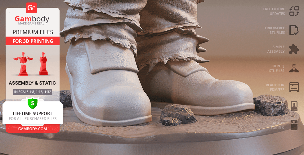 Close-up view of a 3D printed model of worn boots and frayed pants on a textured base.