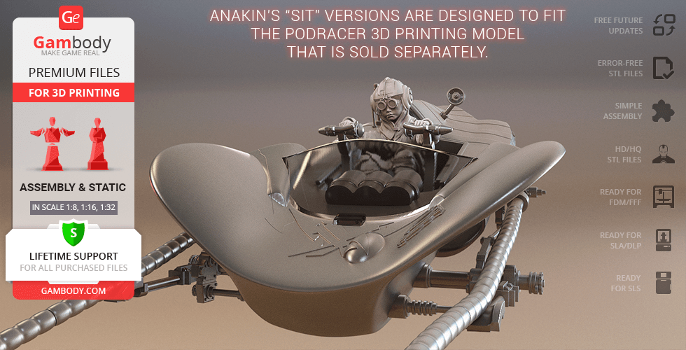 A 3D model of young Anakin Skywalker in a podracer for 3D printing, offered by Gambody.