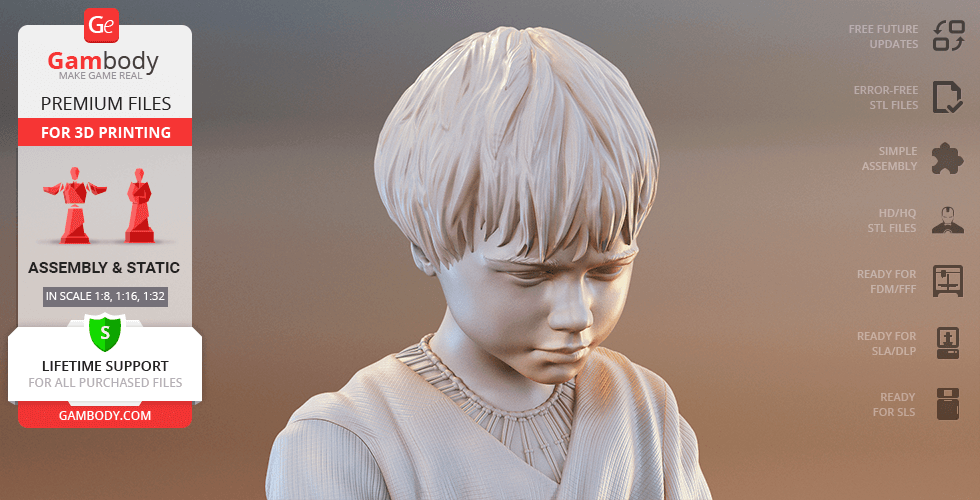 3D model of a young boy with short hair, wearing robes, suitable for 3D printing.