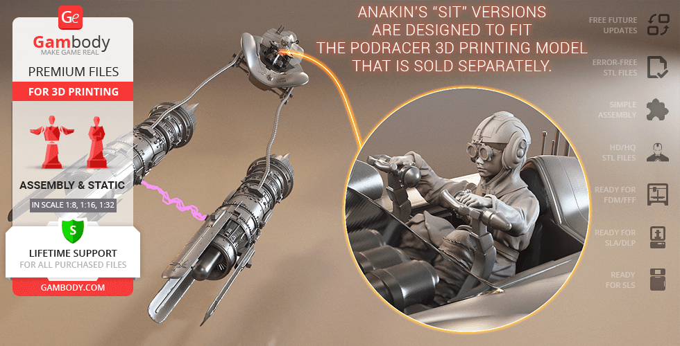 3D model of young Anakin Skywalker in a podracer cockpit, designed for 3D printing.