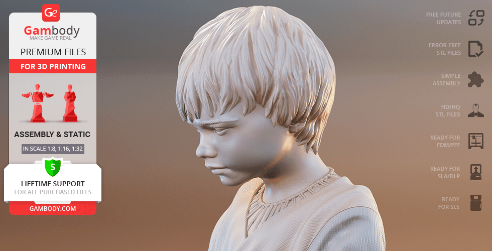 A 3D printed model of a young boy with short hair, wearing a textured top, shown in profile view.