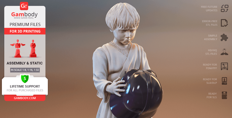 Young boy figurine holding a helmet, designed for 3D printing.