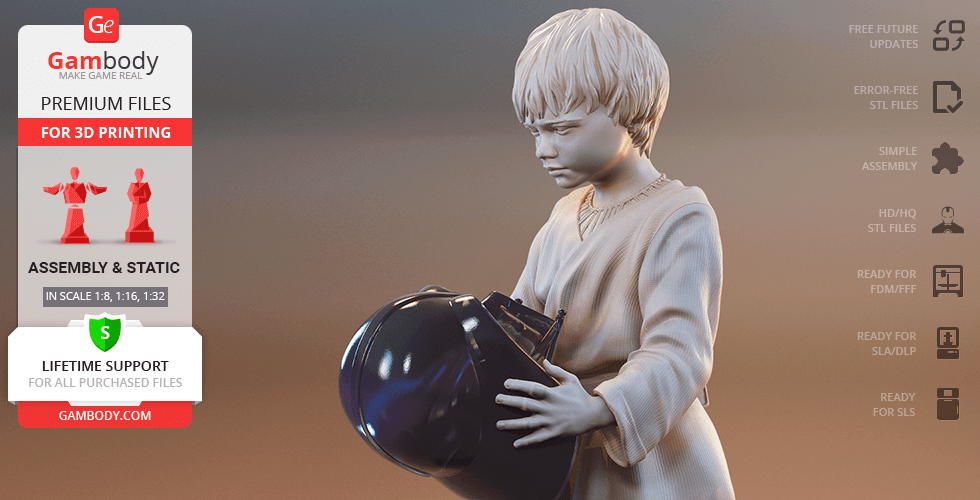 A 3D model of a young boy holding a helmet, designed for 3D printing.