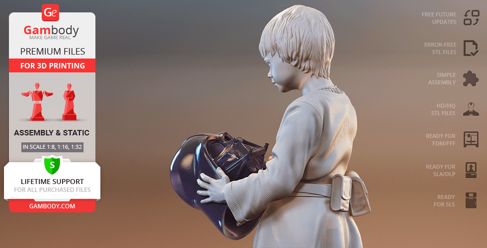 Young boy in a robe holding a helmet, depicted as a 3D model for printing.