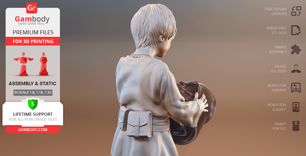 3D model of a young boy holding a helmet, suitable for 3D printing, shown from the back.