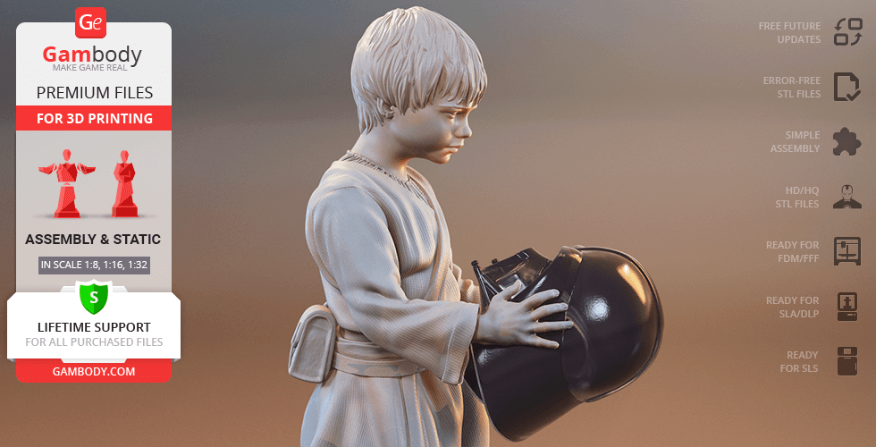 A young boy in a robe holds a helmet, captured in a detailed 3D model for printing.