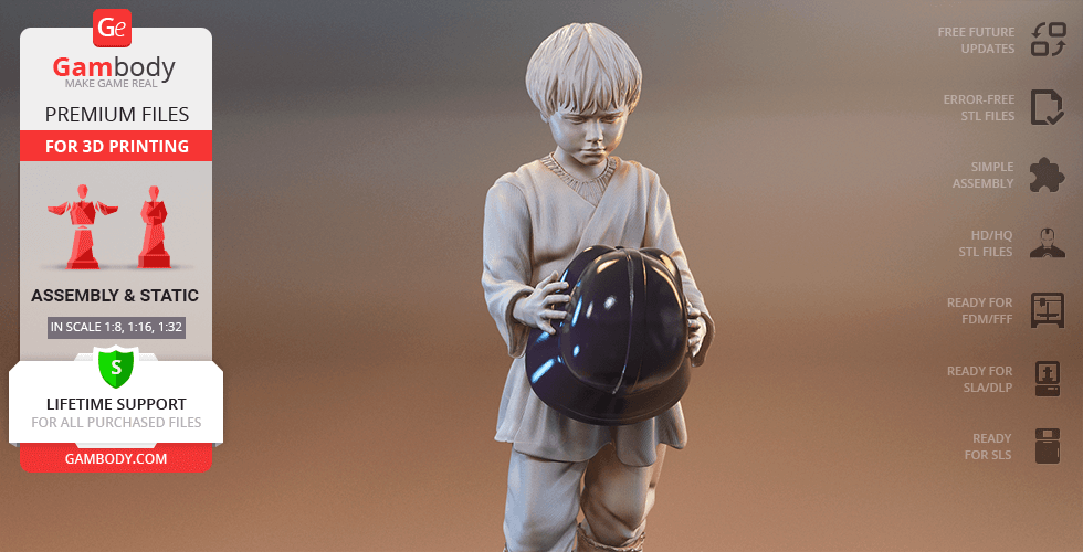 A detailed 3D model of young Anakin Skywalker holding a helmet, available for 3D printing.