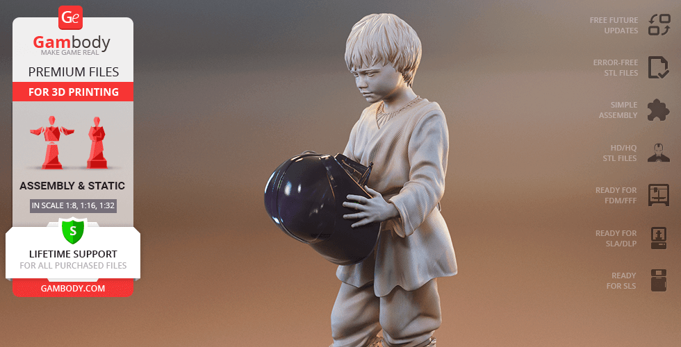Young boy holding helmet, dressed in simple attire. 3D model ready for printing.