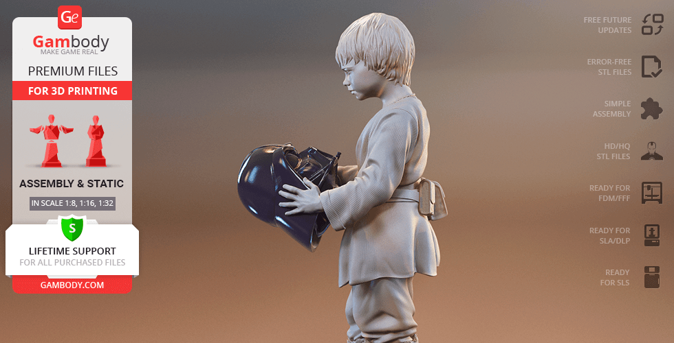 A 3D model of a young boy holding a helmet, designed for 3D printing.