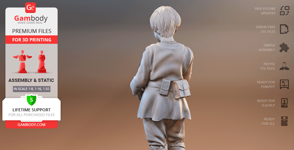 3D model of a young boy in sci-fi attire, viewed from the back, designed for 3D printing.
