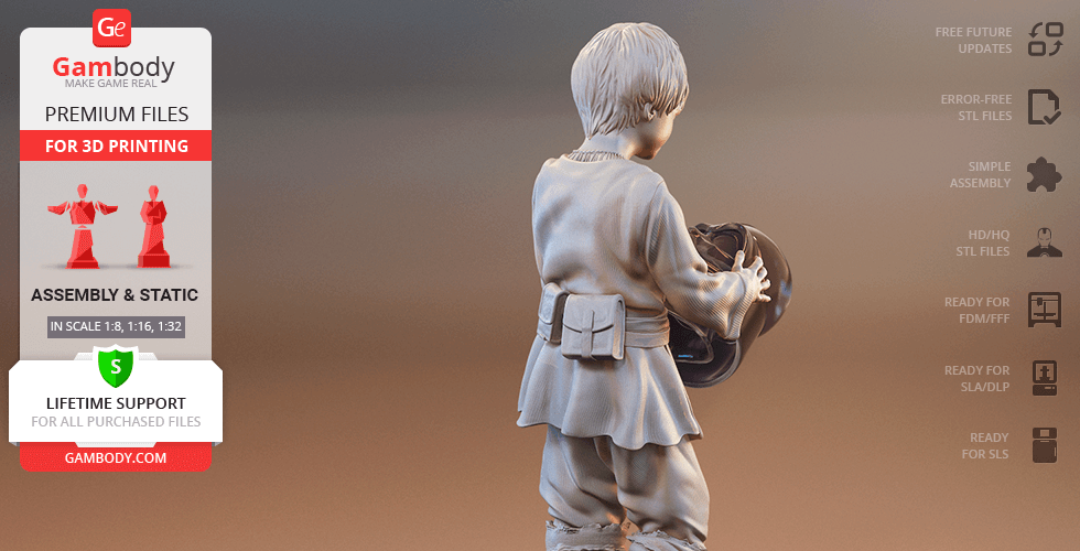 A 3D model of a young boy in a robe holding a helmet, designed for 3D printing.