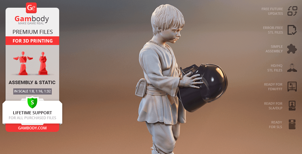 Young boy in robes holding a helmet, depicted in a detailed 3D model for printing.