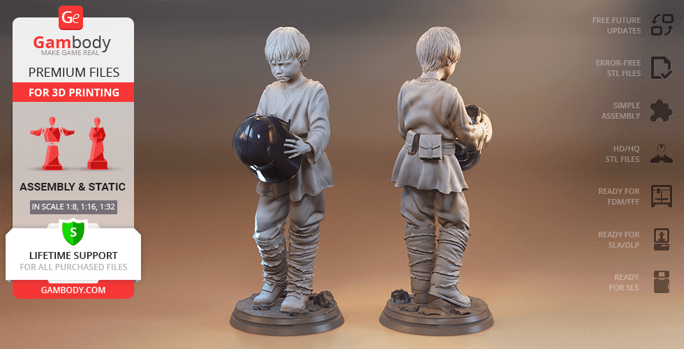 A 3D model of a young boy in desert attire holding a helmet, displayed from front and back.