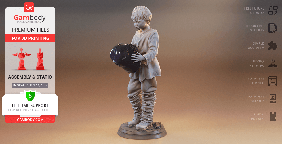 A 3D model of a young boy holding a helmet, standing on a small base, designed for 3D printing.