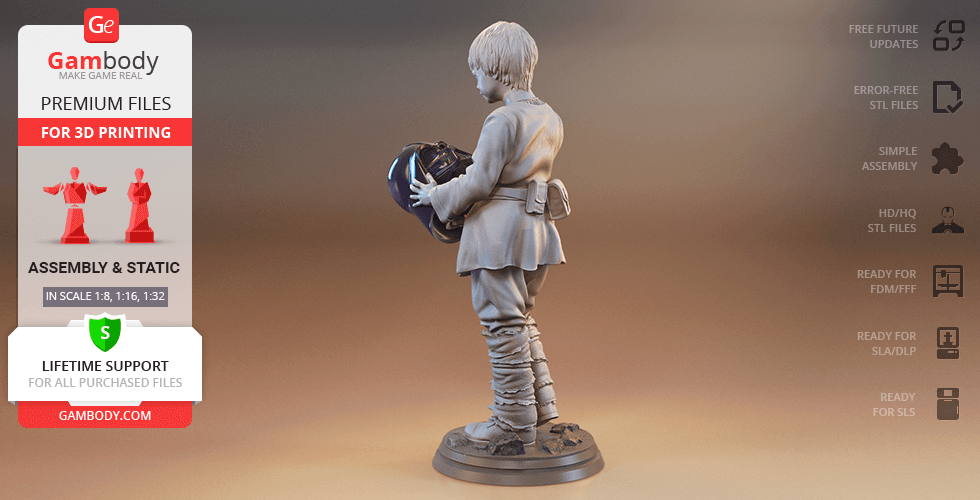 Young child figure holding a helmet, wearing tunic and boots, standing on a textured base.
