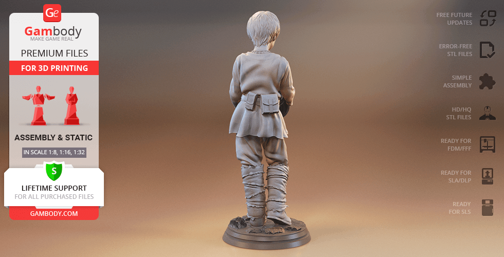 A 3D model of a young boy in loose clothing, standing on a circular base, viewed from the back.