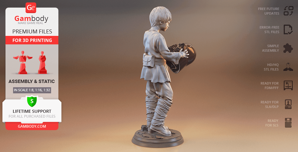Young character in detailed outfit holding a helmet, standing on a base, designed for 3D printing.