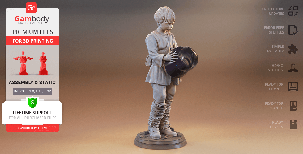 Young boy in a tunic holding a helmet, standing on a round base for 3D printing.