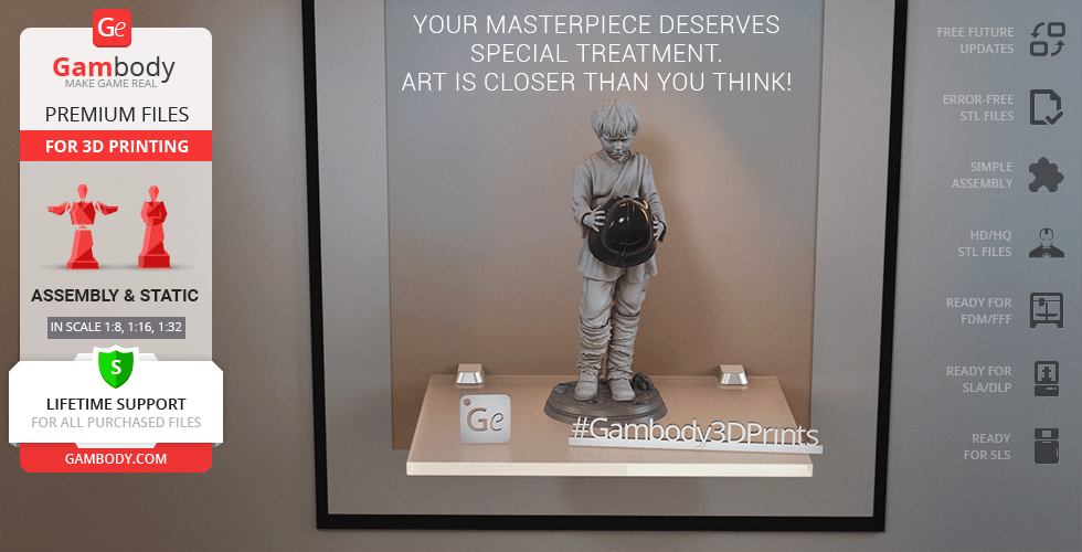 A 3D printed model of a young boy holding a helmet, displayed on a platform with promotional text.