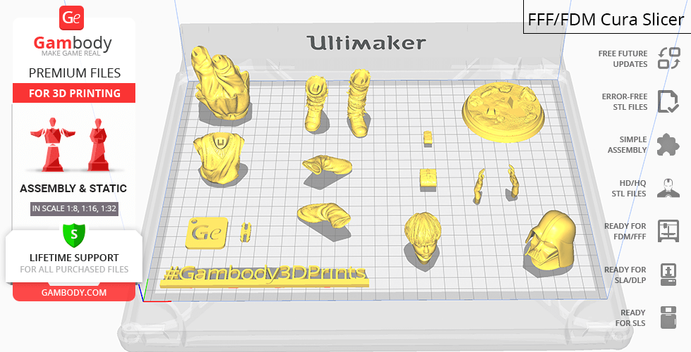 3D printed parts for Young Anakin Skywalker, including body and accessory pieces, displayed in a Cura slicer.