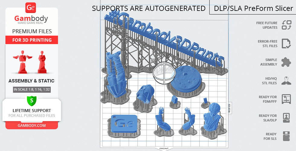 3D printable parts of a young character in pieces, arranged for assembly on a grid.