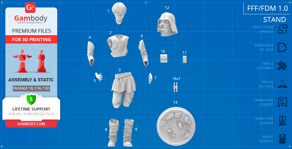 Disassembled 3D model parts of a young character, including head, torso, arms, legs, and base for printing.