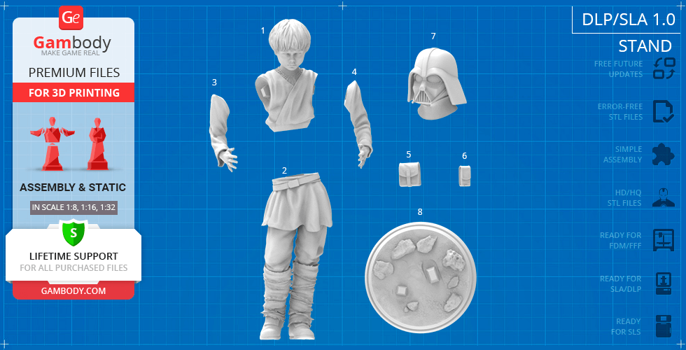 3D model parts for young Anakin Skywalker, including body, arms, legs, and a Vader helmet for printing.