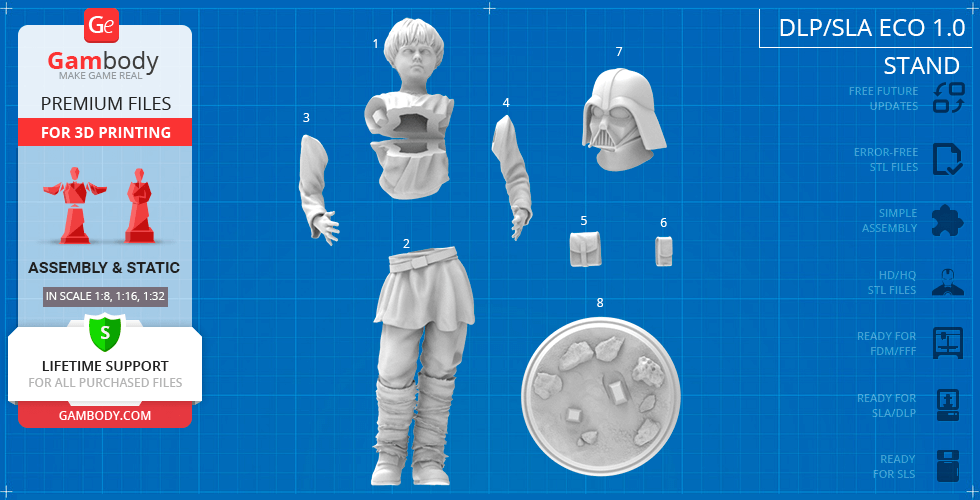3D model parts of a young character with robotic arm, Vader helmet, and base on blueprint background.