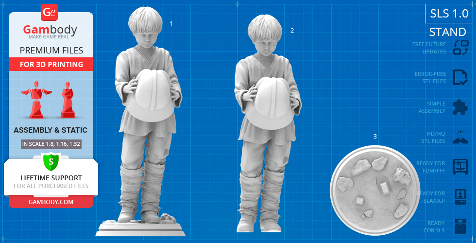 Young child holding helmet, wearing boots and tunic, on a textured base. 3D print model displayed by Gambody.