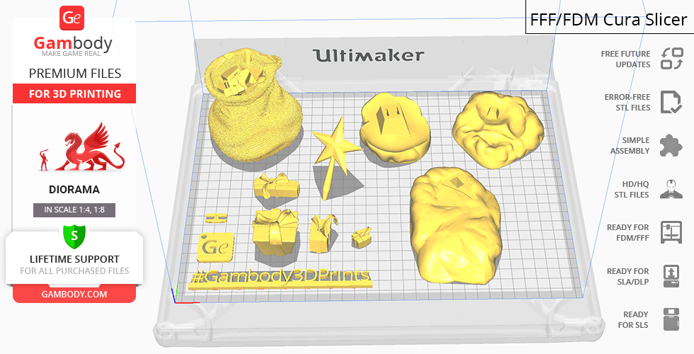 3D printing layout of Grinch and Max parts on a grid platform.
