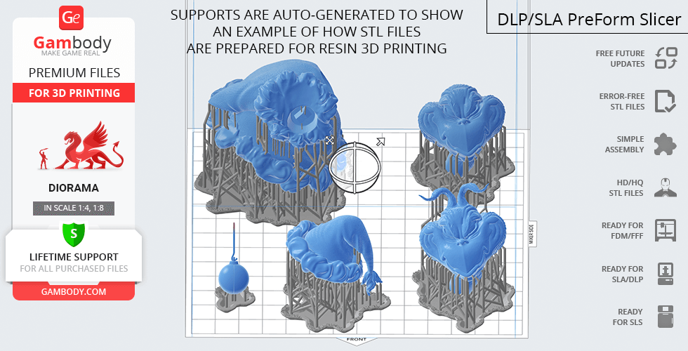 3D printing layout for Grinch & Max model with various parts arranged for resin printing.