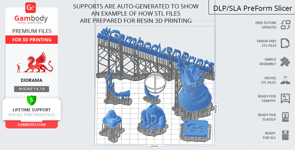3D printing STL files of Grinch and Max with supports, displayed in a slicer layout.