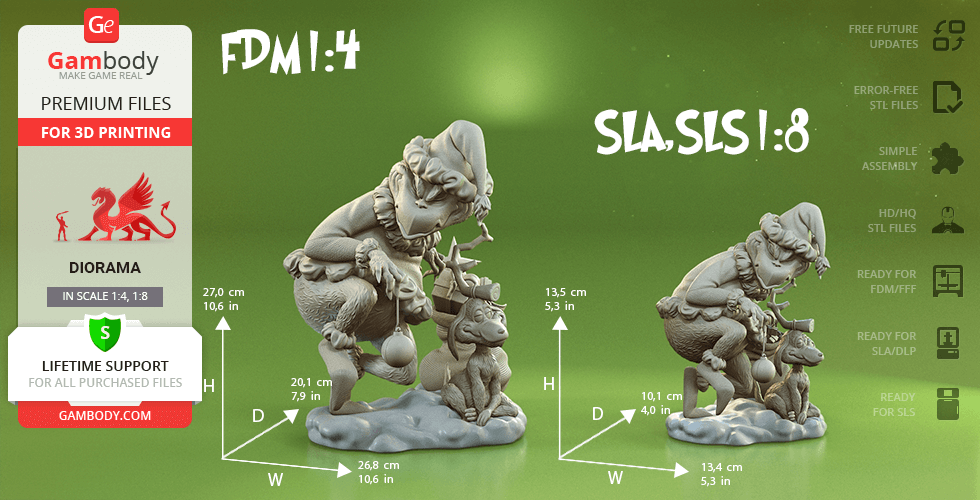 A 3D model of the Grinch holding a sack, with Max the dog beside him, designed for 3D printing.
