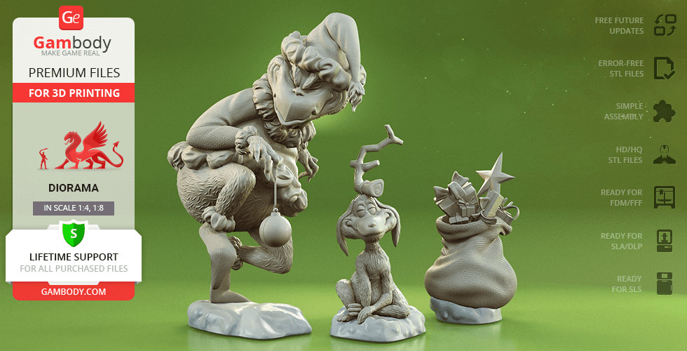 The Grinch squats beside Max the dog, with a sack full of gifts behind them, in a 3D printable model.