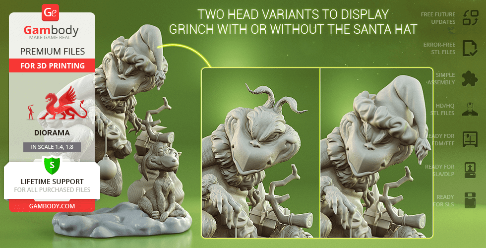 Grinch model with Max for 3D printing, featuring two head options: with or without a Santa hat.