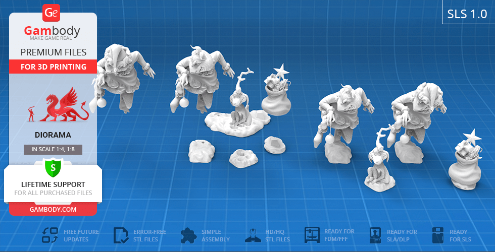 3D printable models of Grinch and Max figures, diorama setup on a grid background.