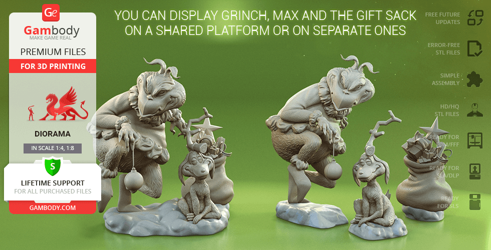 Grinch and Max diorama 3D models for printing, featuring them with a gift sack on snow-like bases.